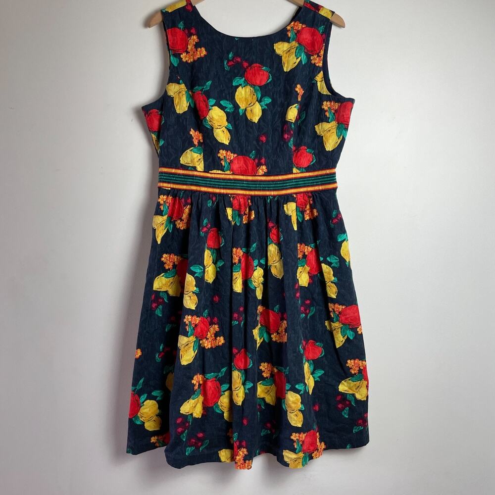 Eva Mendes Fit Flare Dress sz 16 Navy Lemon Tomato Girl Summer Retro Fruit Print